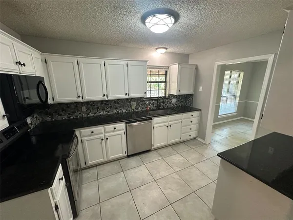 a large kitchen with a sink and cabinets
