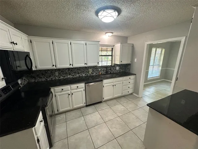 a large kitchen with a sink and cabinets