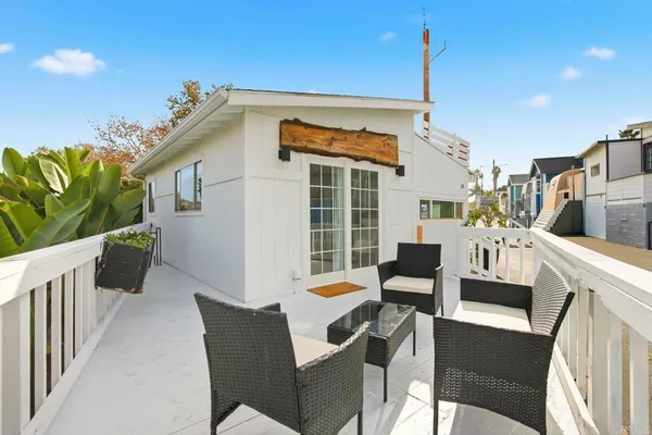 a view of a balcony with furniture