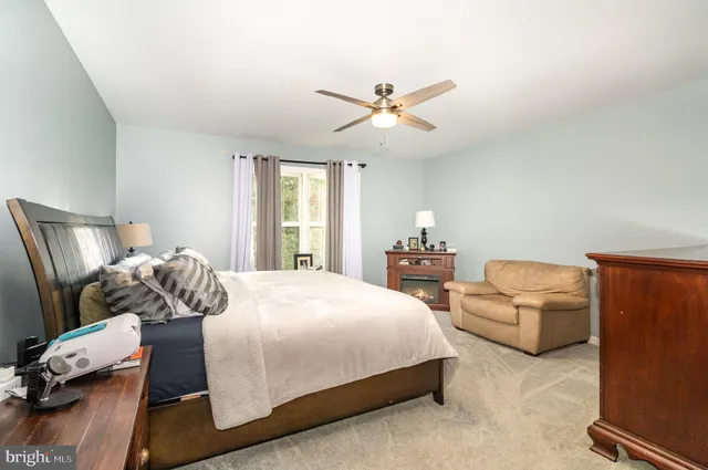 a bedroom with a bed and ceiling fan