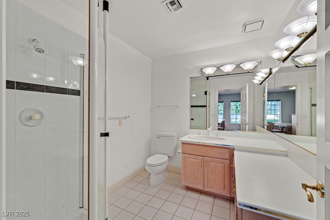 3938 East Russell Road Las Vegas, NV 89120 - Photo 35 of 57 Full bathroom with visible vents, toilet, a stall shower, vanity, and tile patterned floors