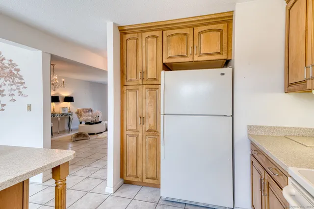a view of kitchen with furniture and refrigerator