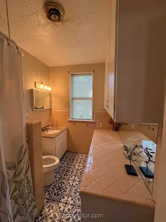 a bathroom with a sink mirror vanity and toilet