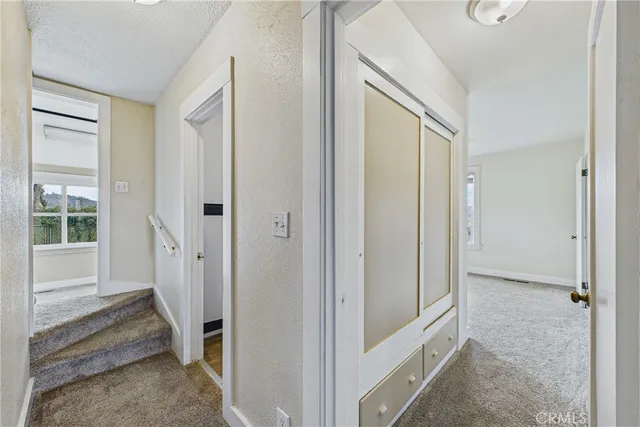 a view of a hallway with a door and couch
