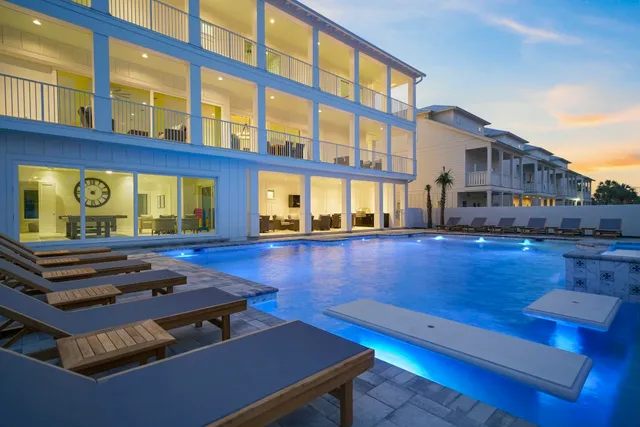 a view of a building with sitting area