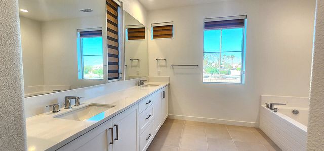 a bathroom with a double vanity sink a mirror and a bathtub