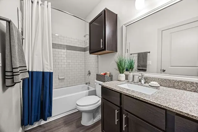 a bathroom with a granite countertop sink toilet and shower