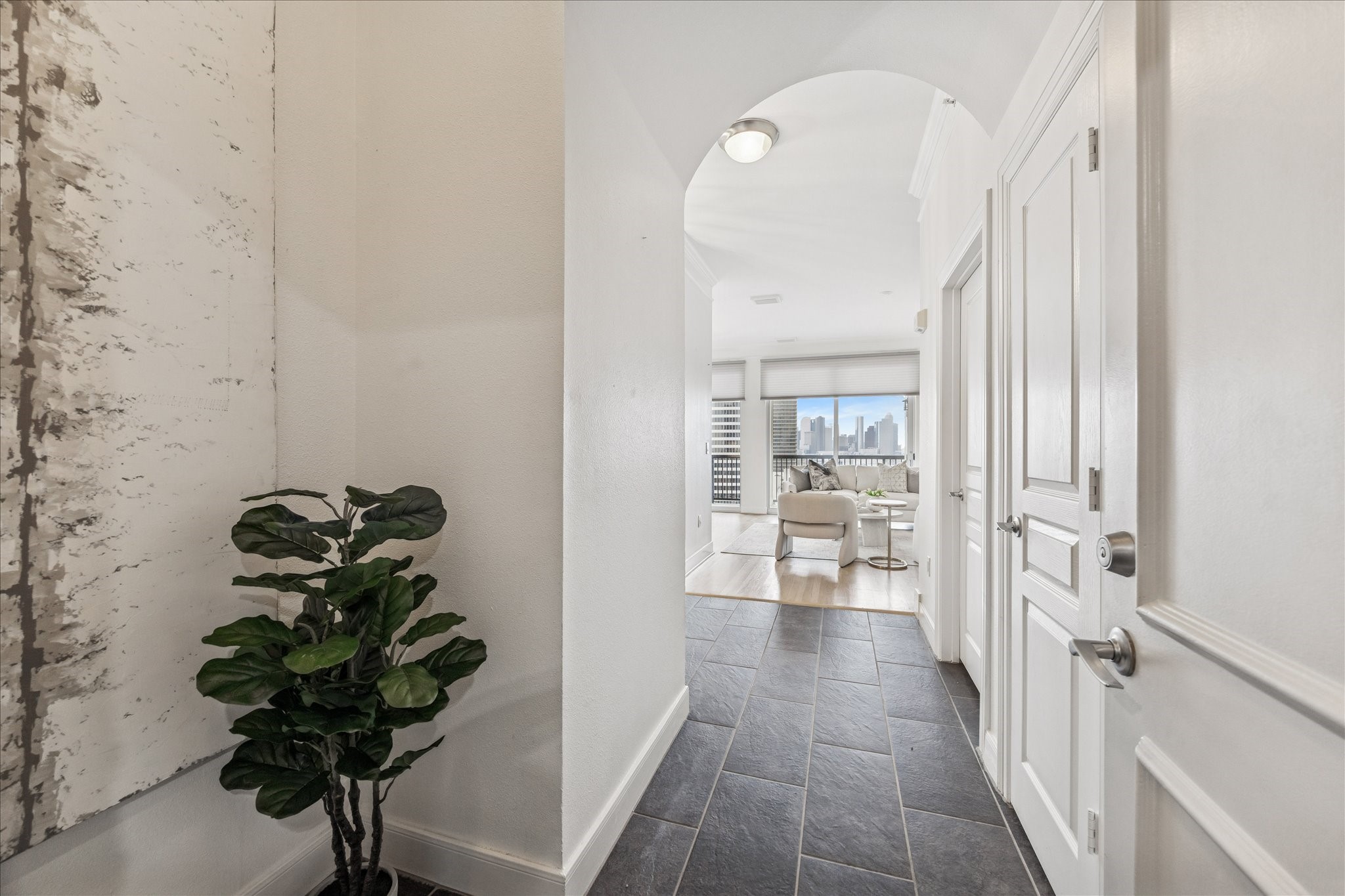 a living room with furniture and a potted plant