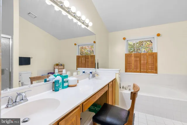 a bathroom with a sink double vanity and a mirror