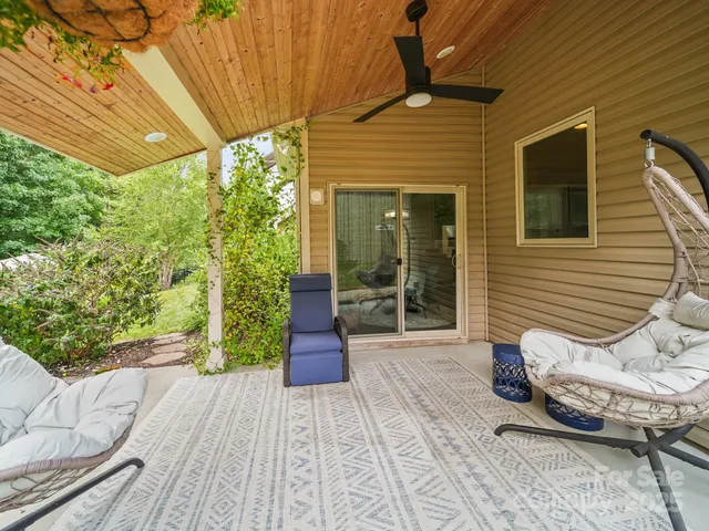 a porch with seating space