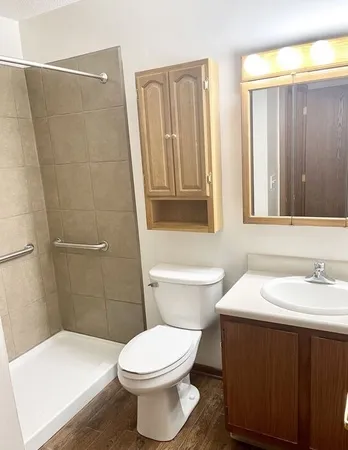 a bathroom with a sink a toilet and shower