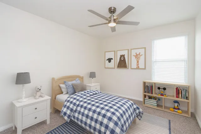 a bedroom with a bed and a book shelf