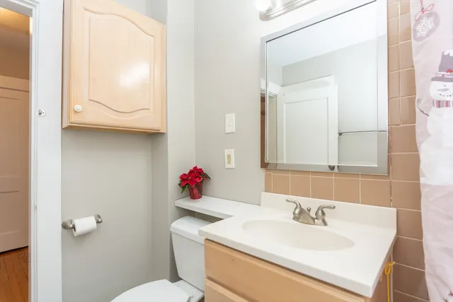 a bathroom with a sink vanity mirror and toilet