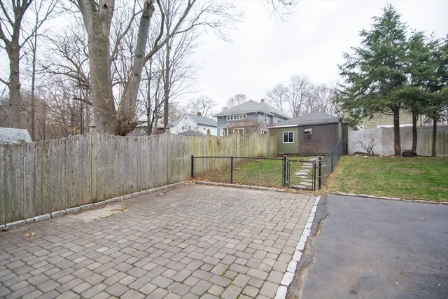 a view of a backyard with a large tree