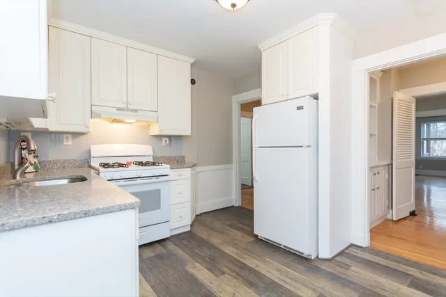 a kitchen with a refrigerator sink stove and cabinets