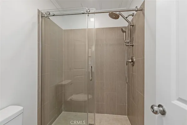a bathroom with a shower and a toilet