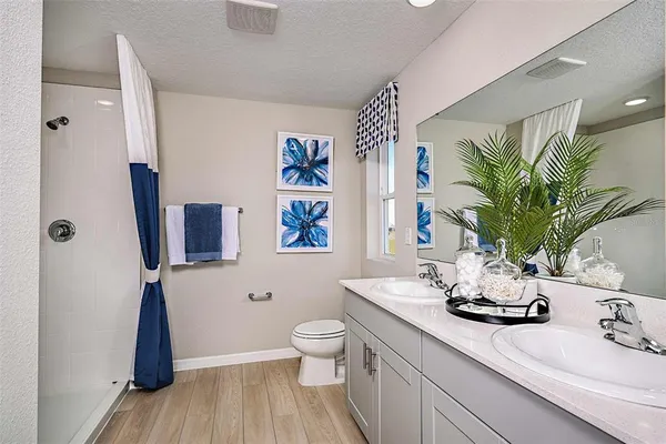 a bathroom with a sink a toilet and a large mirror