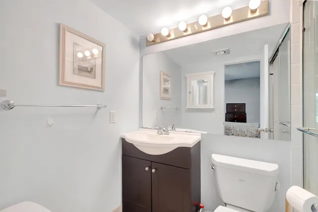 a bathroom with a toilet a sink a mirror and vanity
