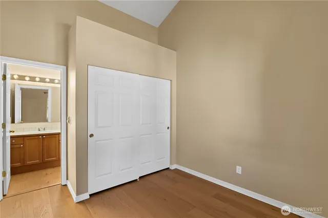 an empty room with a bathroom