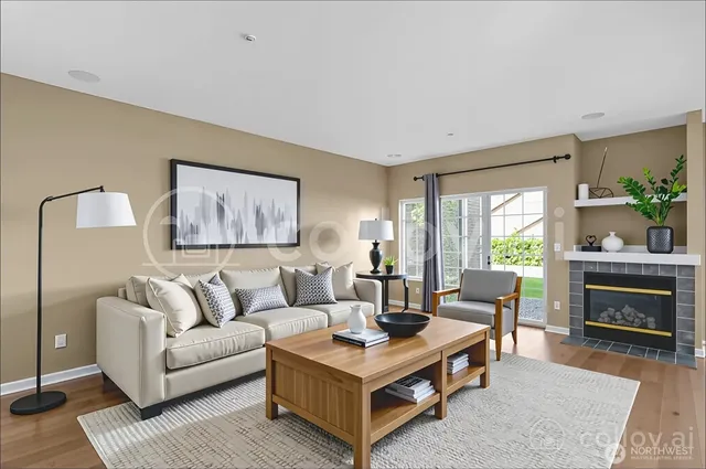 a living room with furniture a rug a fireplace and a large window