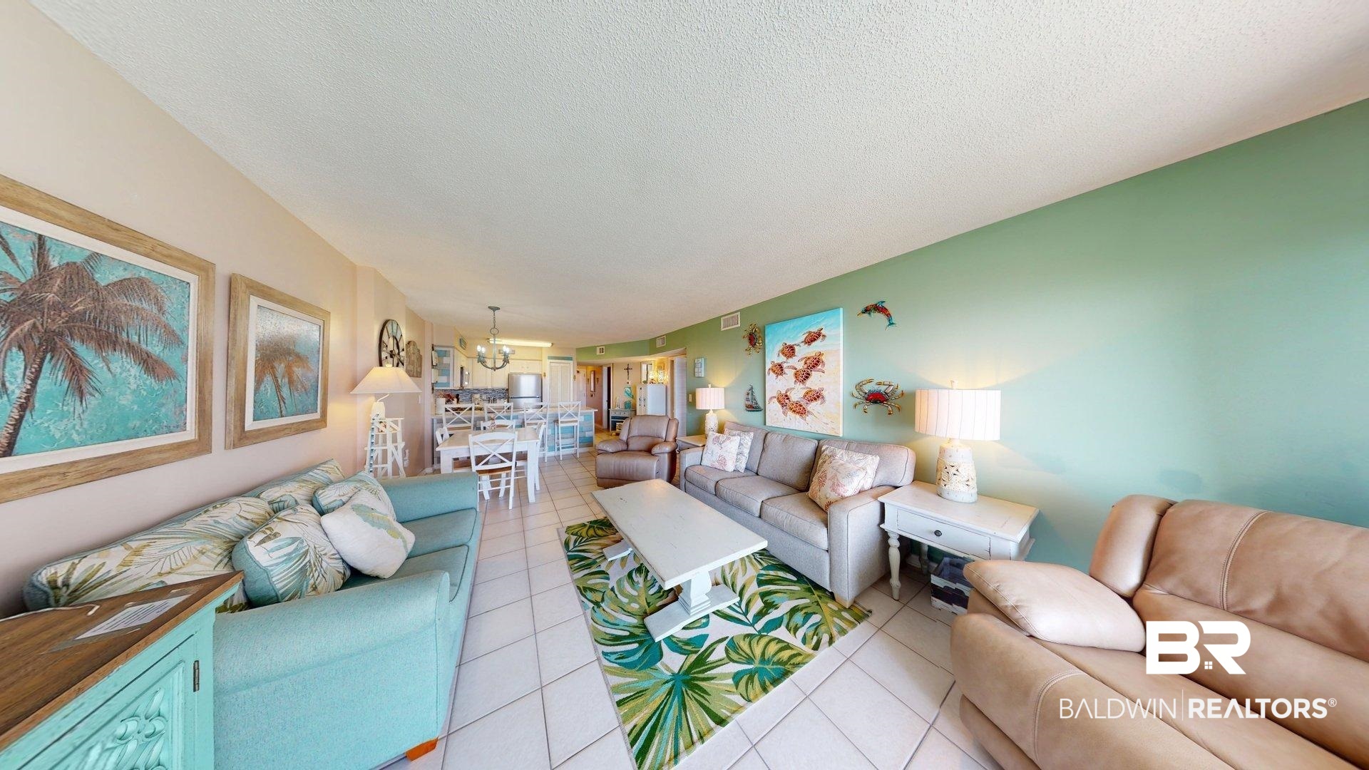 645 Plantation Road, Unit 6503 Gulf Shores, AL 36542 - Photo 18 of 53 Living area featuring a textured ceiling, tile patterned flooring, and a chandelier
