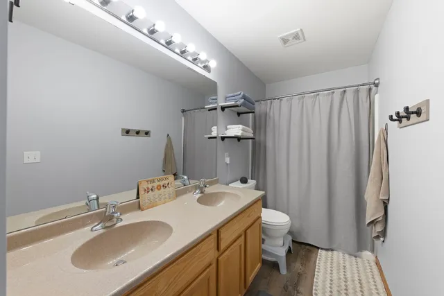 a bathroom with a sink double vanity and a toilet