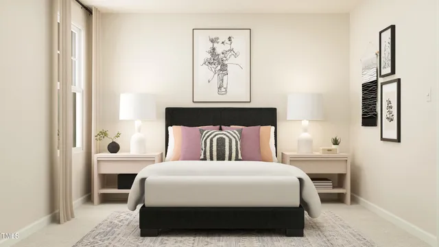 a bed room with a bed and a lamp