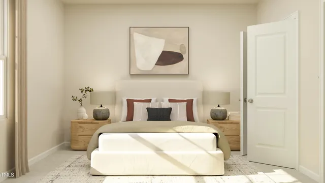 a bedroom with a bed and a wall painting