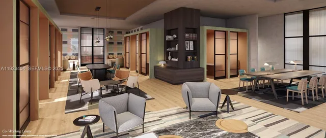 a living room with furniture and a floor to ceiling window