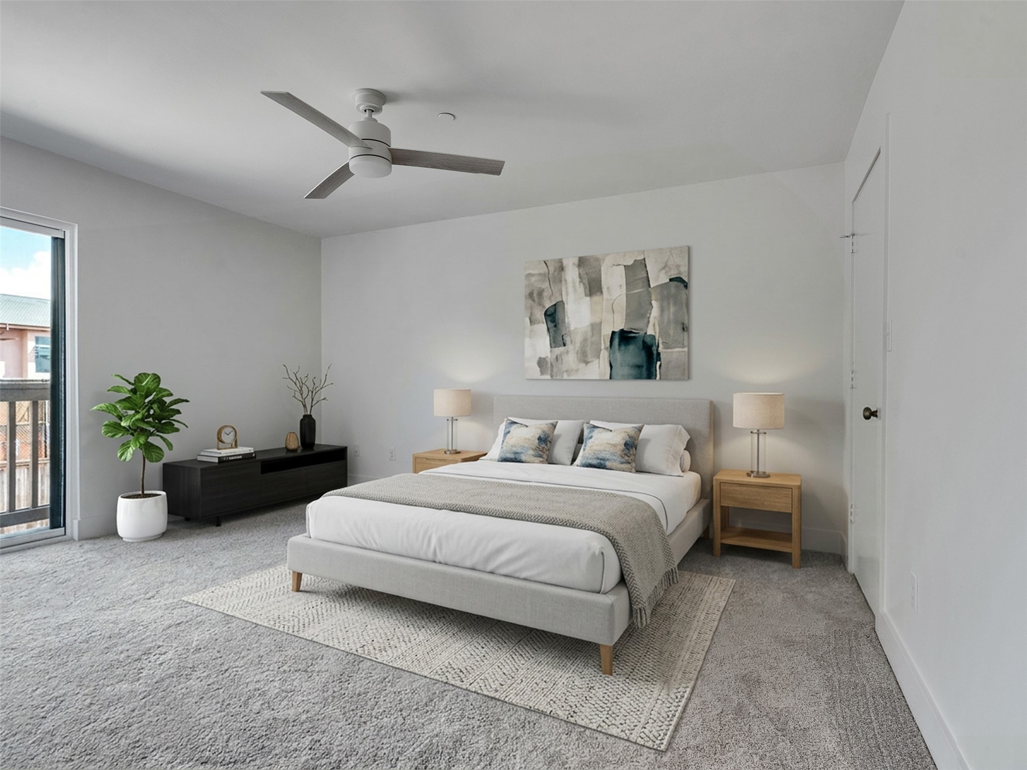 2829 Timmons Lane, Unit 204 Houston, TX 77027 - Photo 11 of 32 a bedroom with a bed and ceiling fan