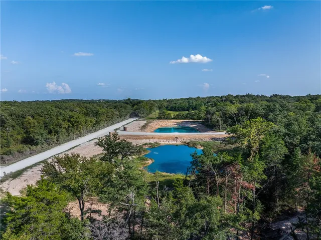 an aerial view of a houses with a garden and swimming pool