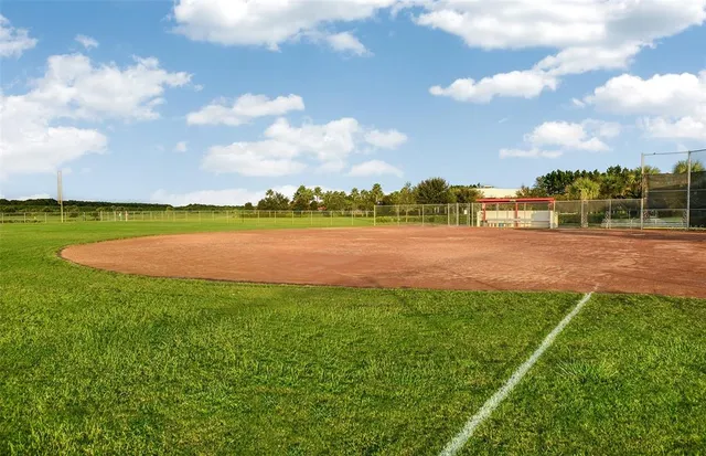 a view of a lake with houses in back
