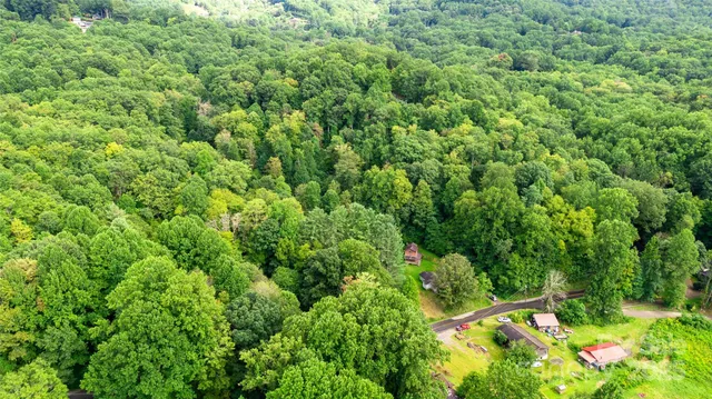 an aerial view of residential house with outdoor space and trees all around