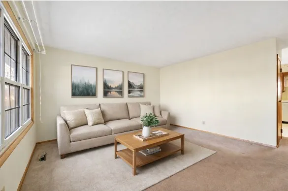 a living room with furniture and a potted plant