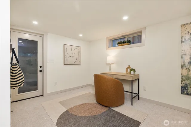 a workspace with furniture and window