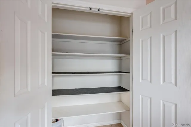 a view of walk in closet with empty racks