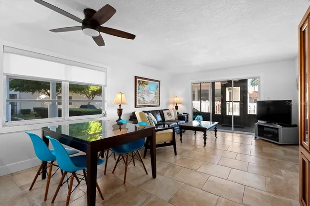 a view of a dining room with furniture