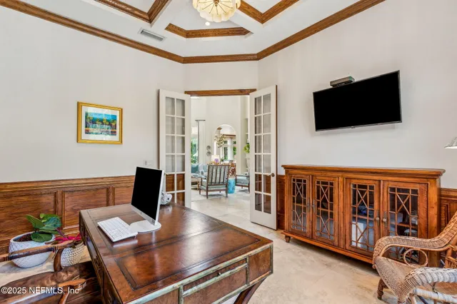 a view of a dining room with furniture window and outside view