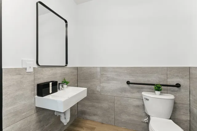 a bathroom with a toilet a sink and a mirror