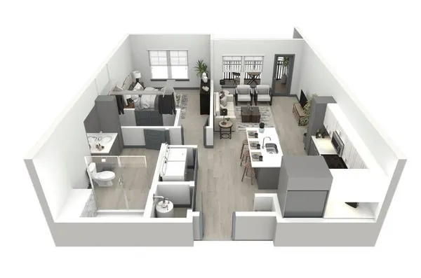 a upper view of a living room with furniture and wooden floor