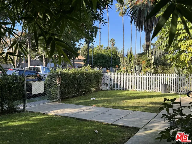 a garden view with a seating space