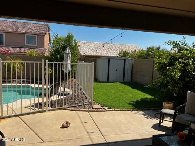 a view of a porch with a backyard