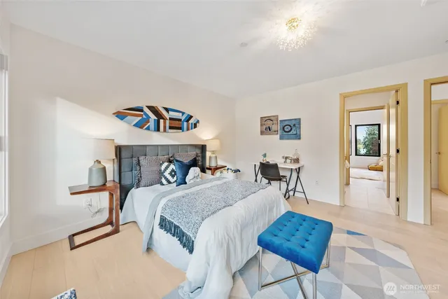 a bedroom with a bed a table and chair