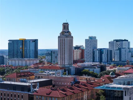 a city view with tall buildings