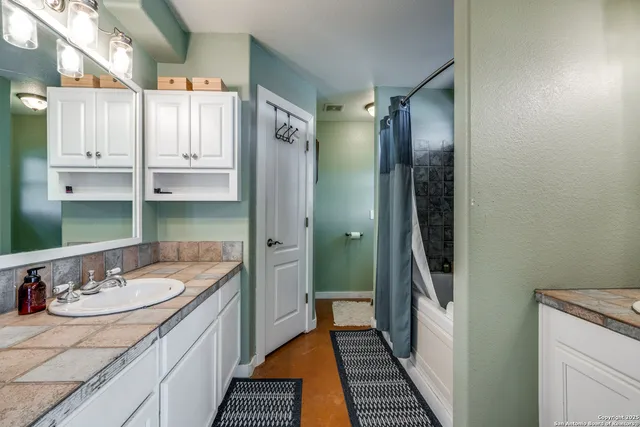 a bathroom with a sink a mirror and a shower
