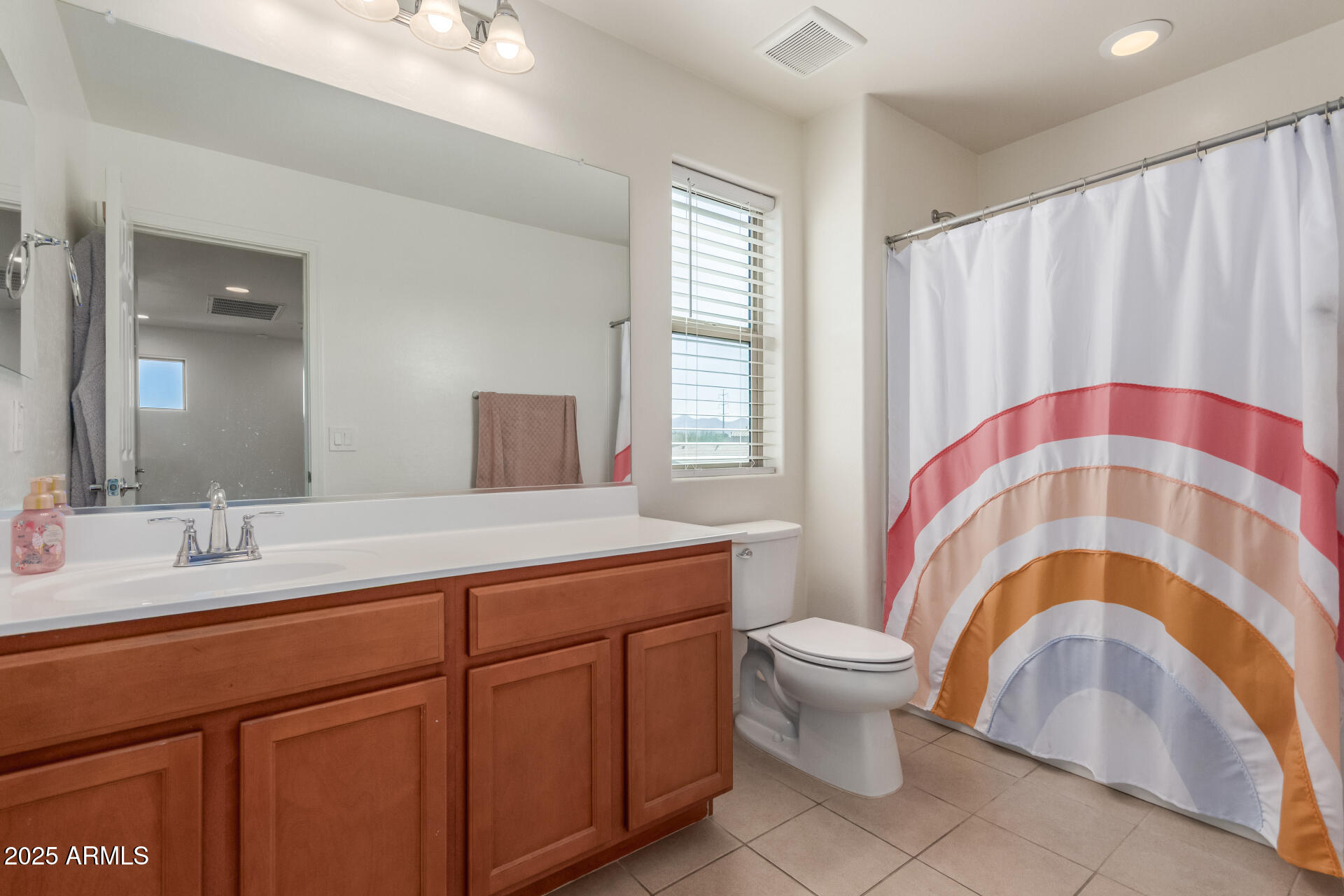 3215 West Pollack Street Phoenix, AZ 85041 - Photo 16 of 26 a bathroom with a sink a toilet a mirror and shower curtain