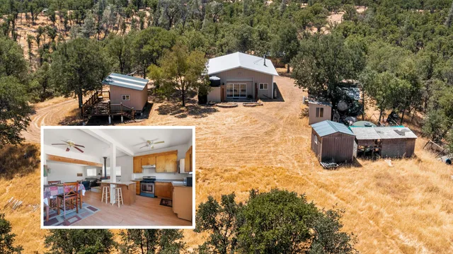 a aerial view of a house with large trees and furniture