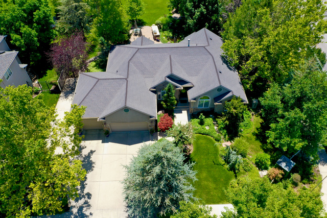 314 Brown Farm Lane Draper, UT 84020 - Photo 7 of 57 Contemporary residence featuring a multi-gabled roofline, an attached two-car garage, extensive concrete driveway, and mature landscaping with varied foliage