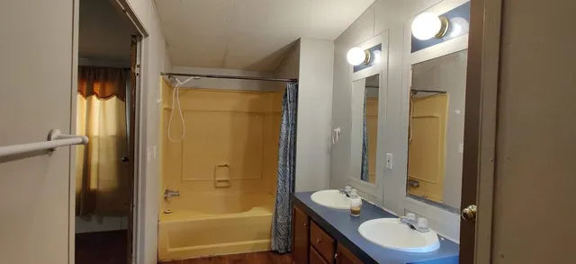 a bathroom with a double vanity sink mirror and shower