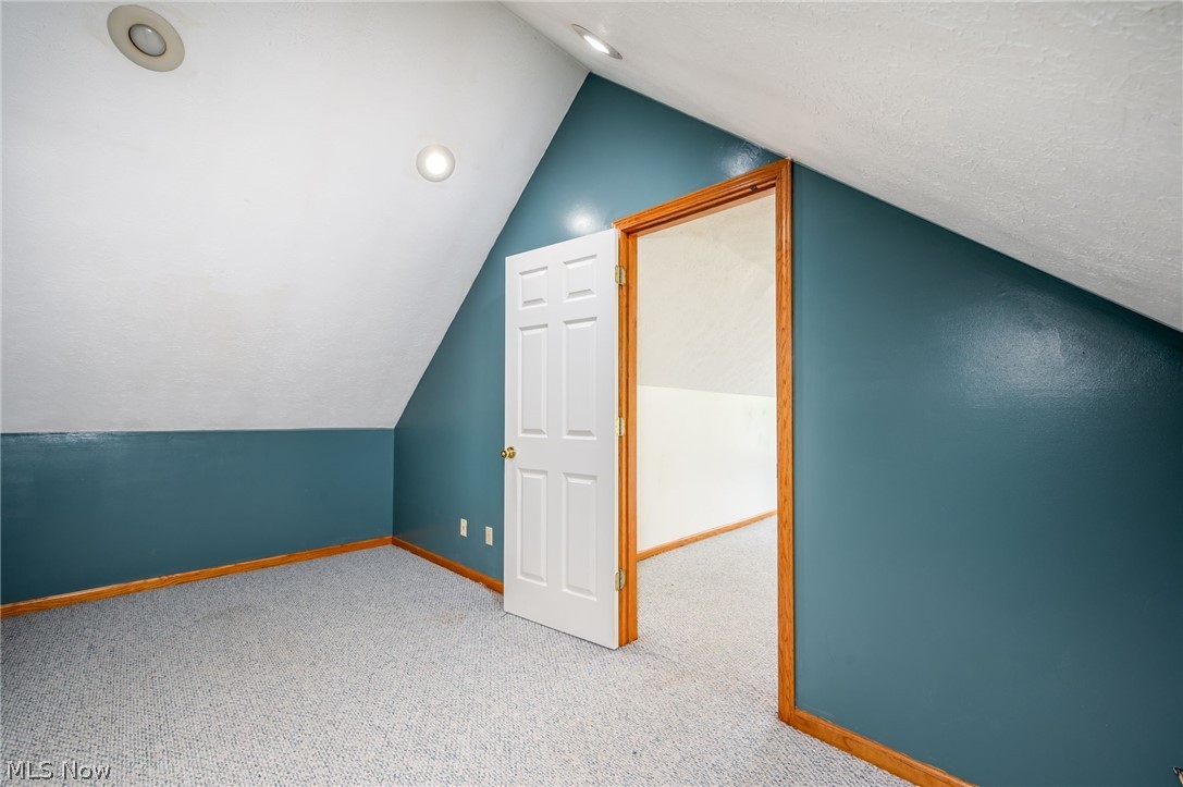 1666 Warner Road Vienna, OH 44473 - Photo 22 of 41 Additional living space featuring carpet flooring, lofted ceiling, and a textured ceiling